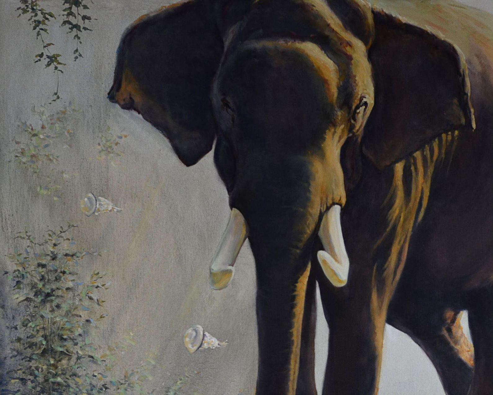 Big Meeting, Elephant, Original oil Painting, Ready to Hang For Sale 3