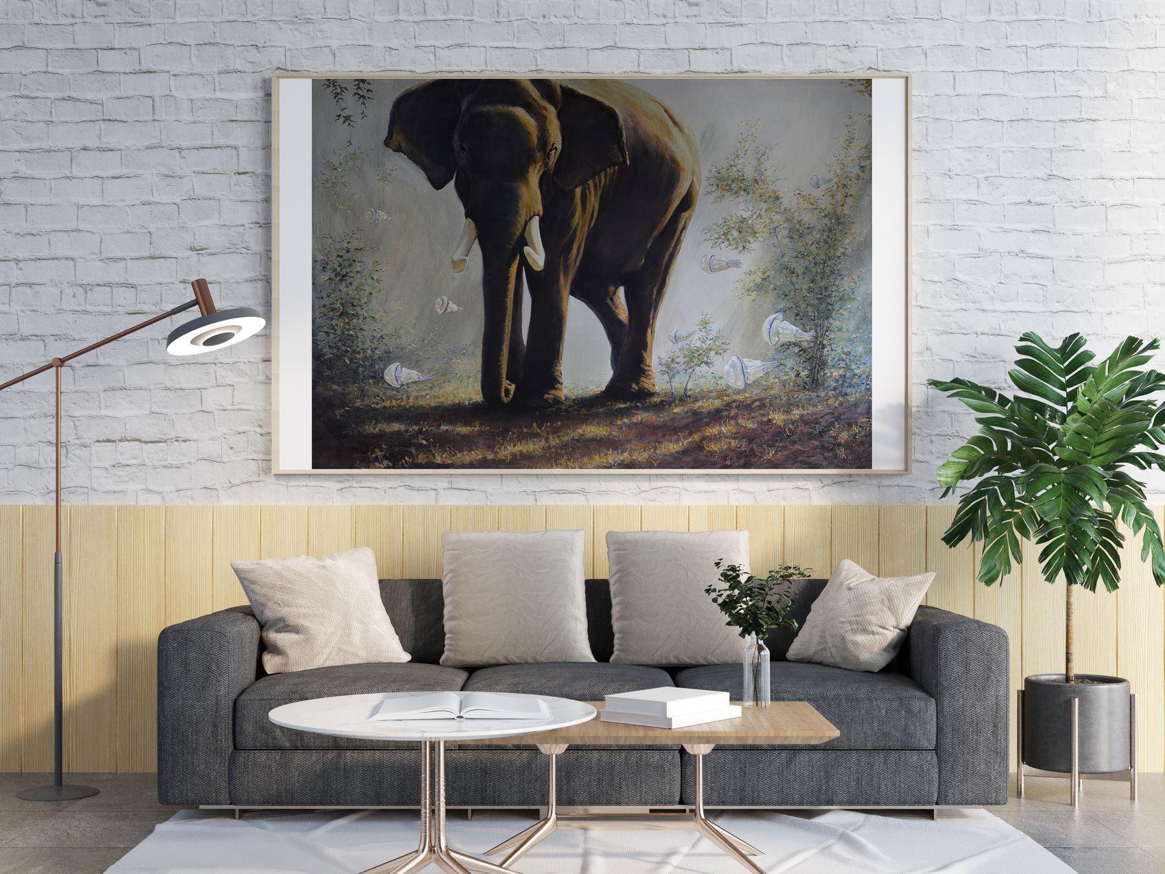 Big Meeting, Elephant, Original oil Painting, Ready to Hang For Sale 4