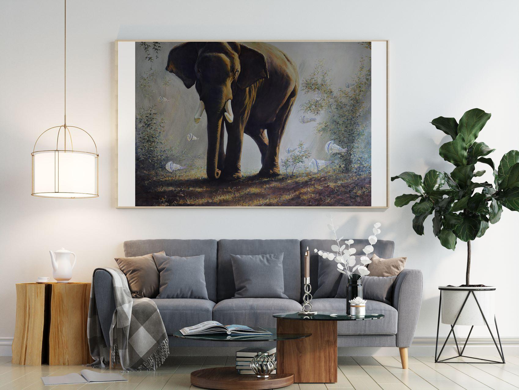 Big Meeting, Elephant, Original oil Painting, Ready to Hang For Sale 5