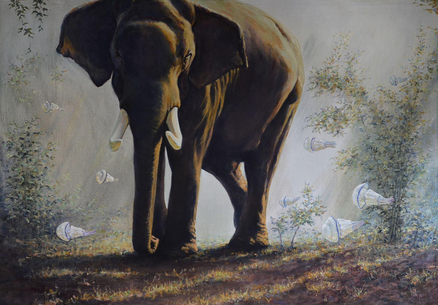 Grande rencontre, éléphant, animal, peinture à l'huile originale, prête à être accrochée