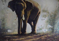 Grande rencontre, éléphant, peinture à l'huile originale, prête à accrocher