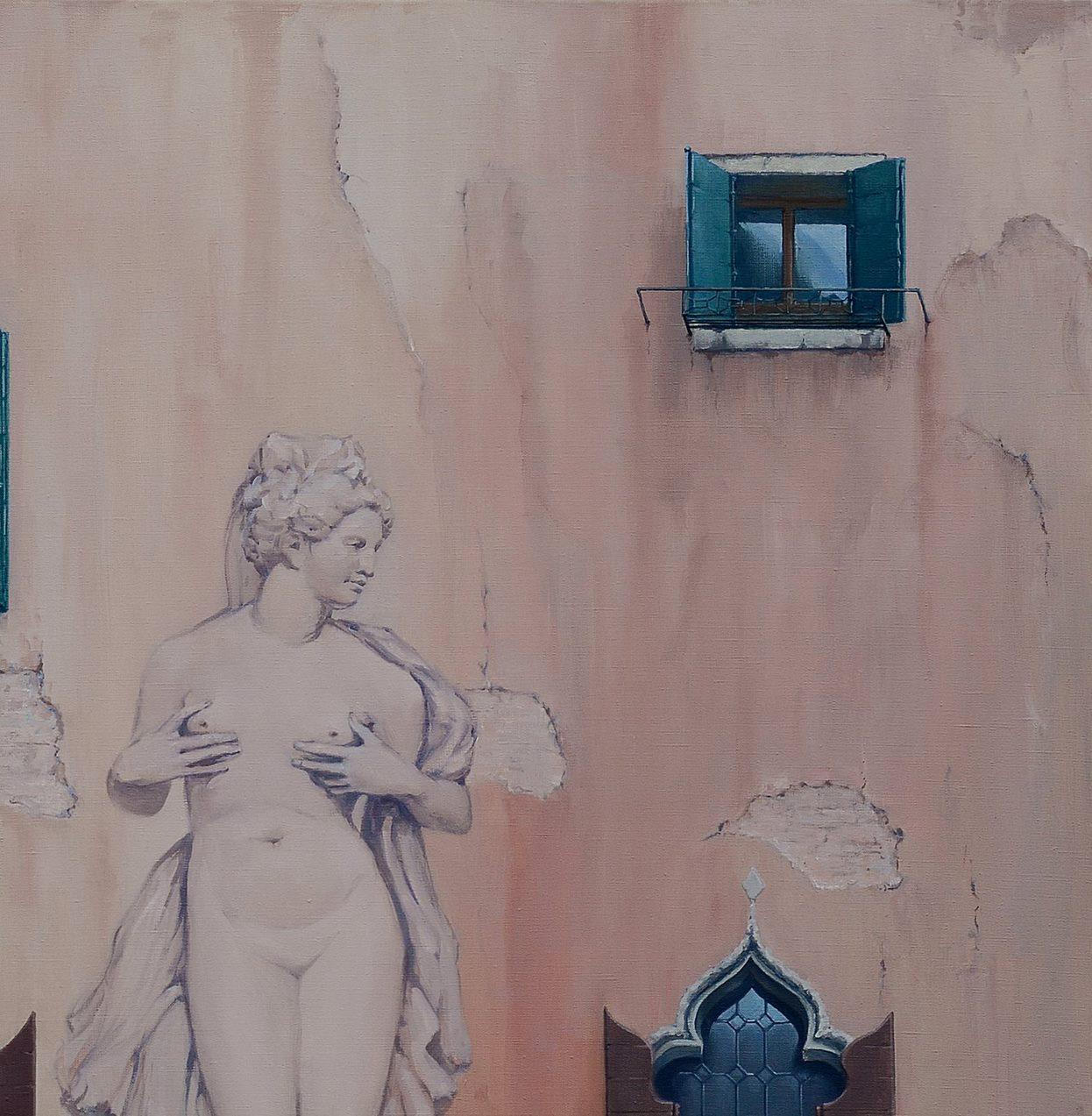 Grande Acqua Venezia Rinascimento, Pittura ad olio originale, pronta da appendere - Figurative Painting Grigio di Oleg Kateryniuk
