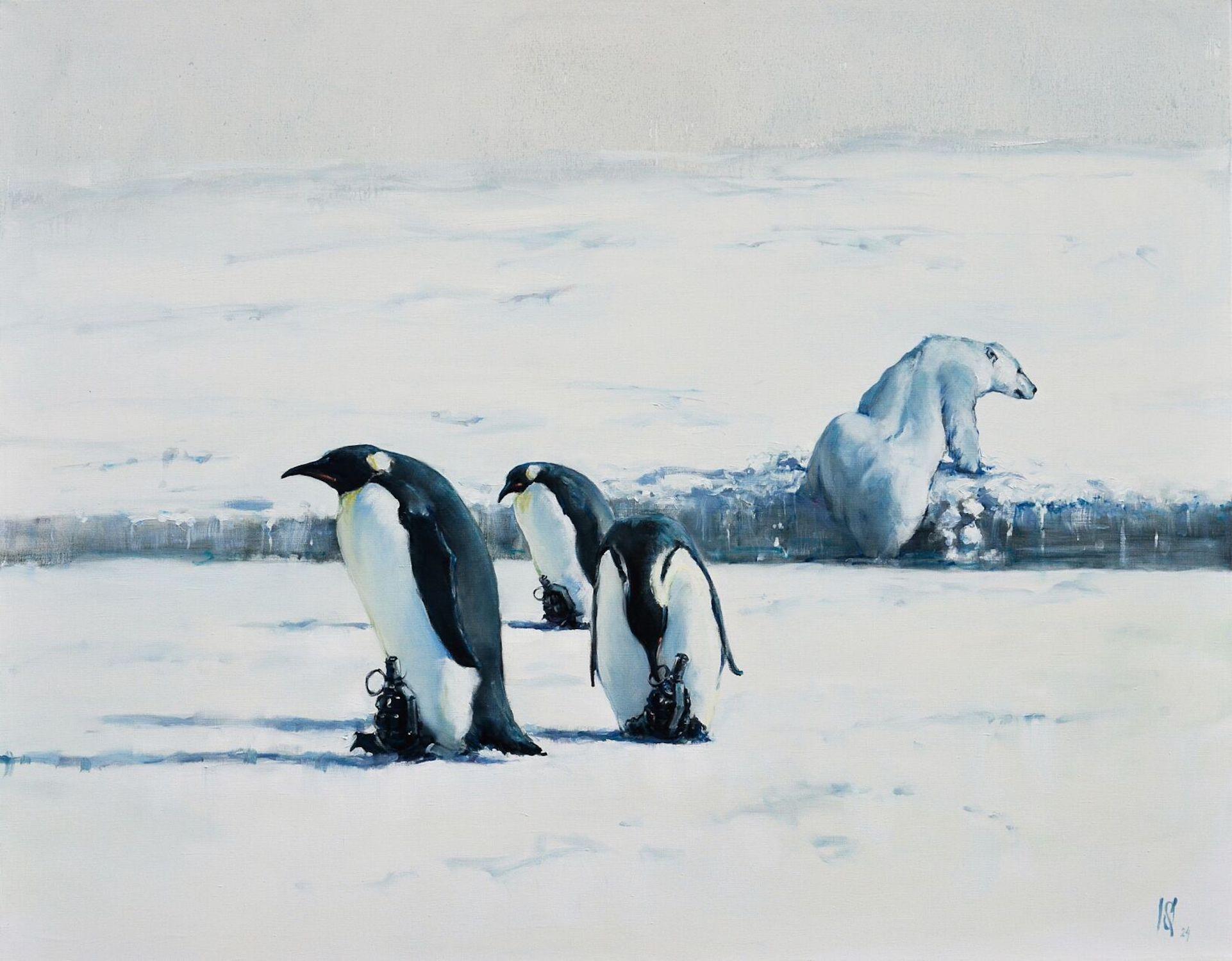 Cold Gulf Stream Penguins Original oil Painting, Ready to Hang