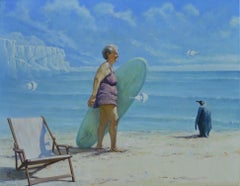 Cold Seashore Figurative Contemporary Art Original oil Painting, Ready to Hang