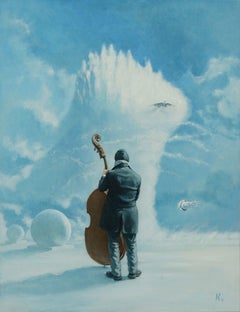 Kontrabass auf Langeron Figurative Kunst Original Ölgemälde, hängefertig