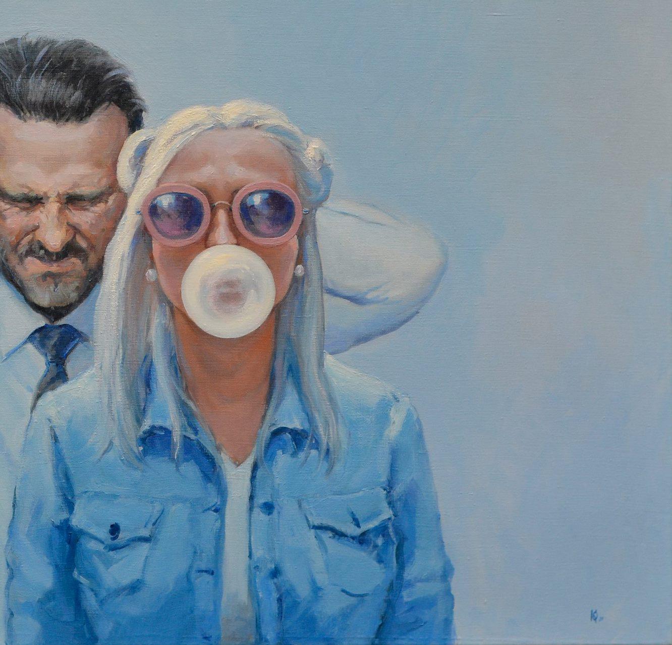Double Bubble, Portraits, Original oil Painting, Ready to Hang For Sale 1