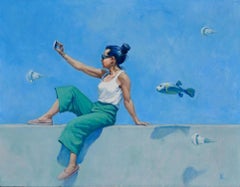 Eat Fugu Fish Figurative Art Original oil Painting, Ready to Hang