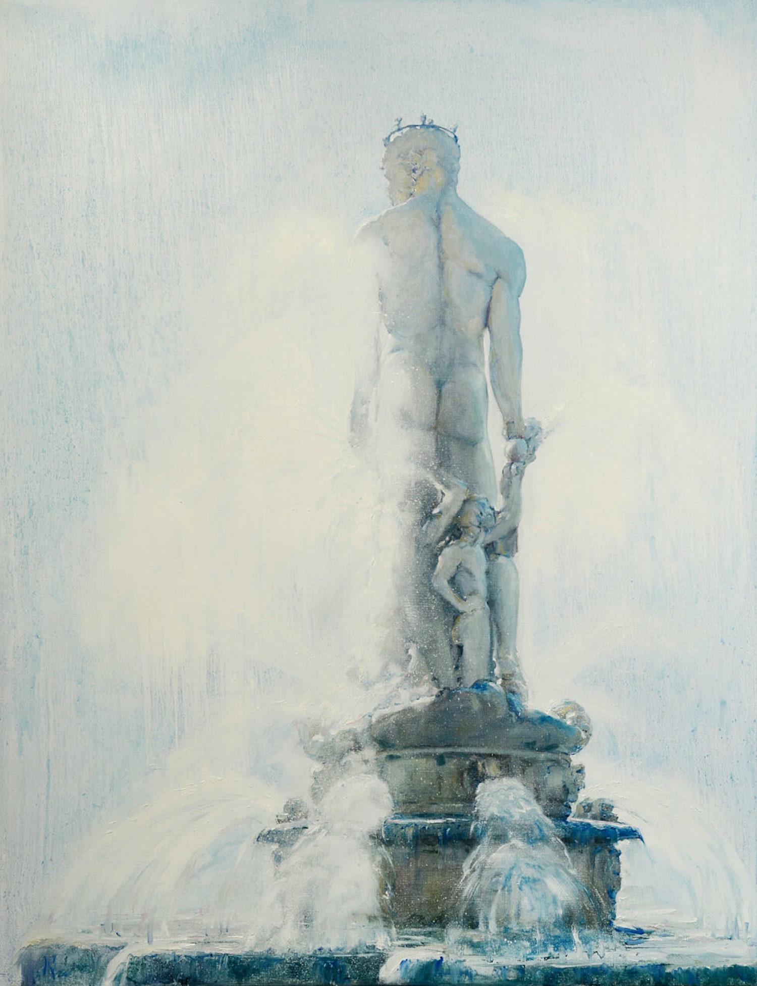 Fontaine Neptuno Art figuratif Peinture à l'huile originale, prête à être accrochée