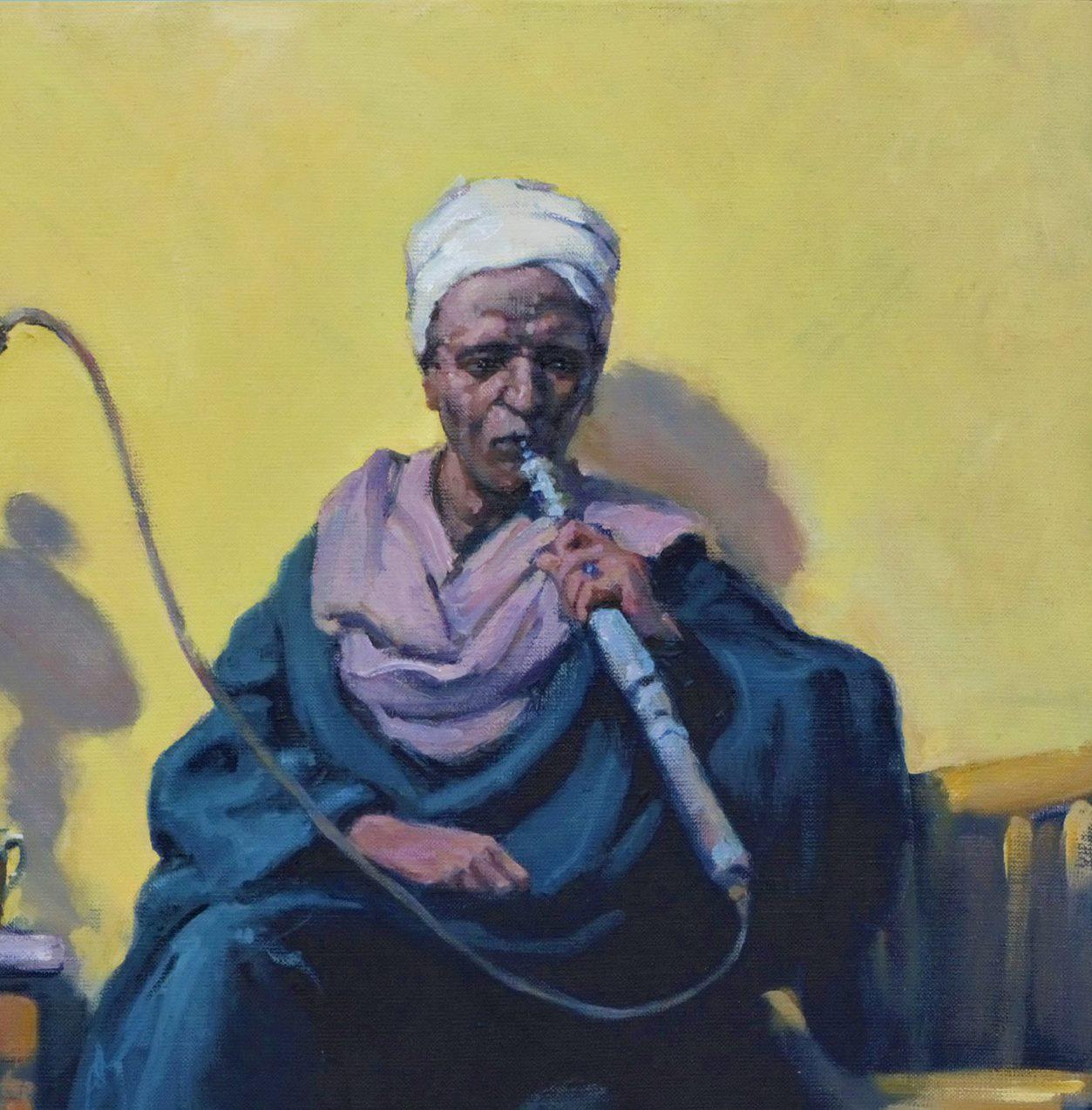 Hookah Smoker Cairo, Figurative, Original oil Painting, Ready to Hang For Sale 1