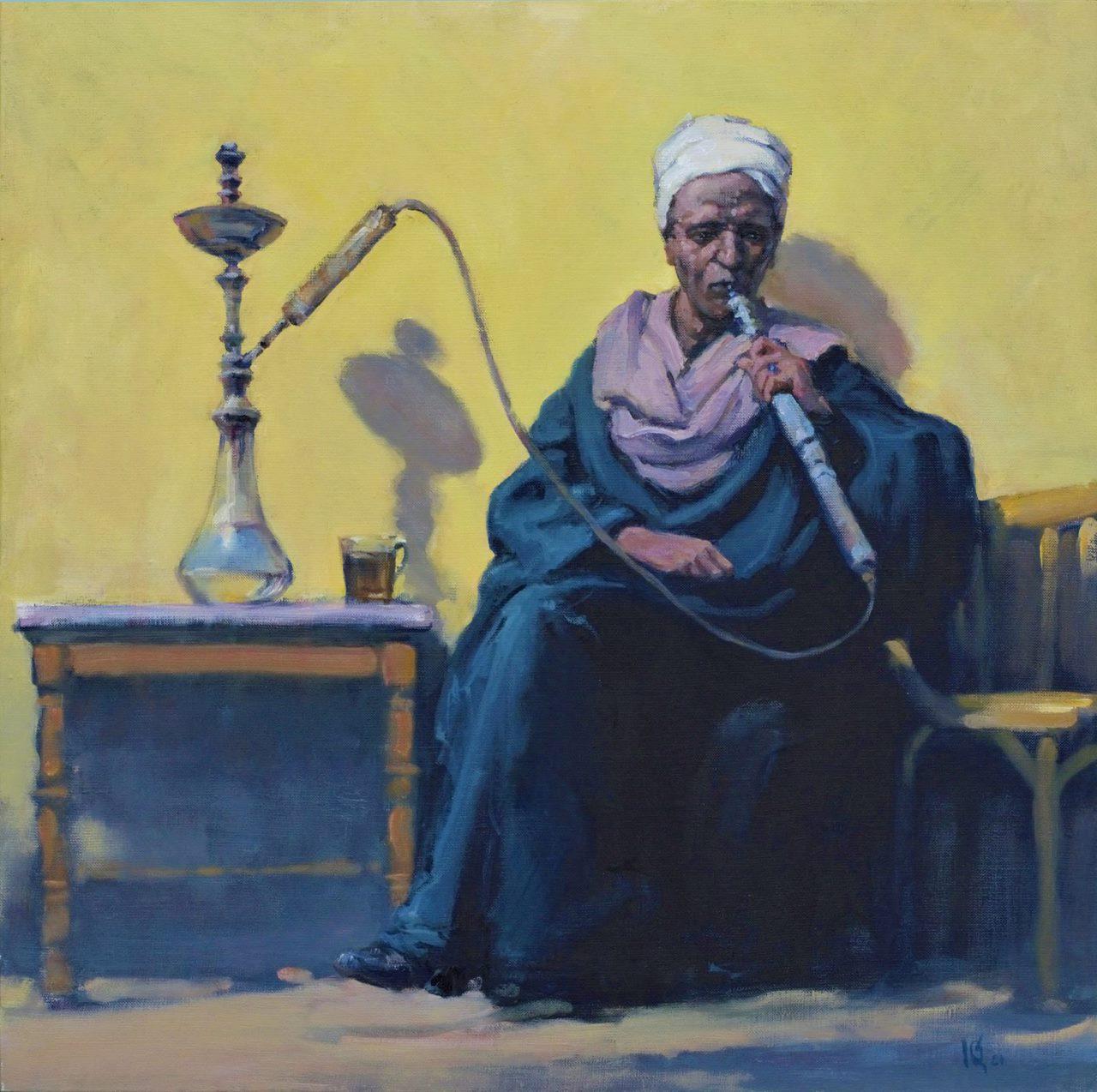 Hookah Smoker Cairo, Figurative, Original oil Painting, Ready to Hang
