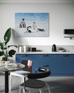 Penguins and Man Contemporary Art Original oil Painting, Ready to Hang
