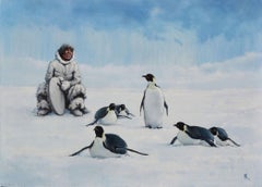 Penguins and Man Contemporary Art Original oil Painting, Ready to Hang