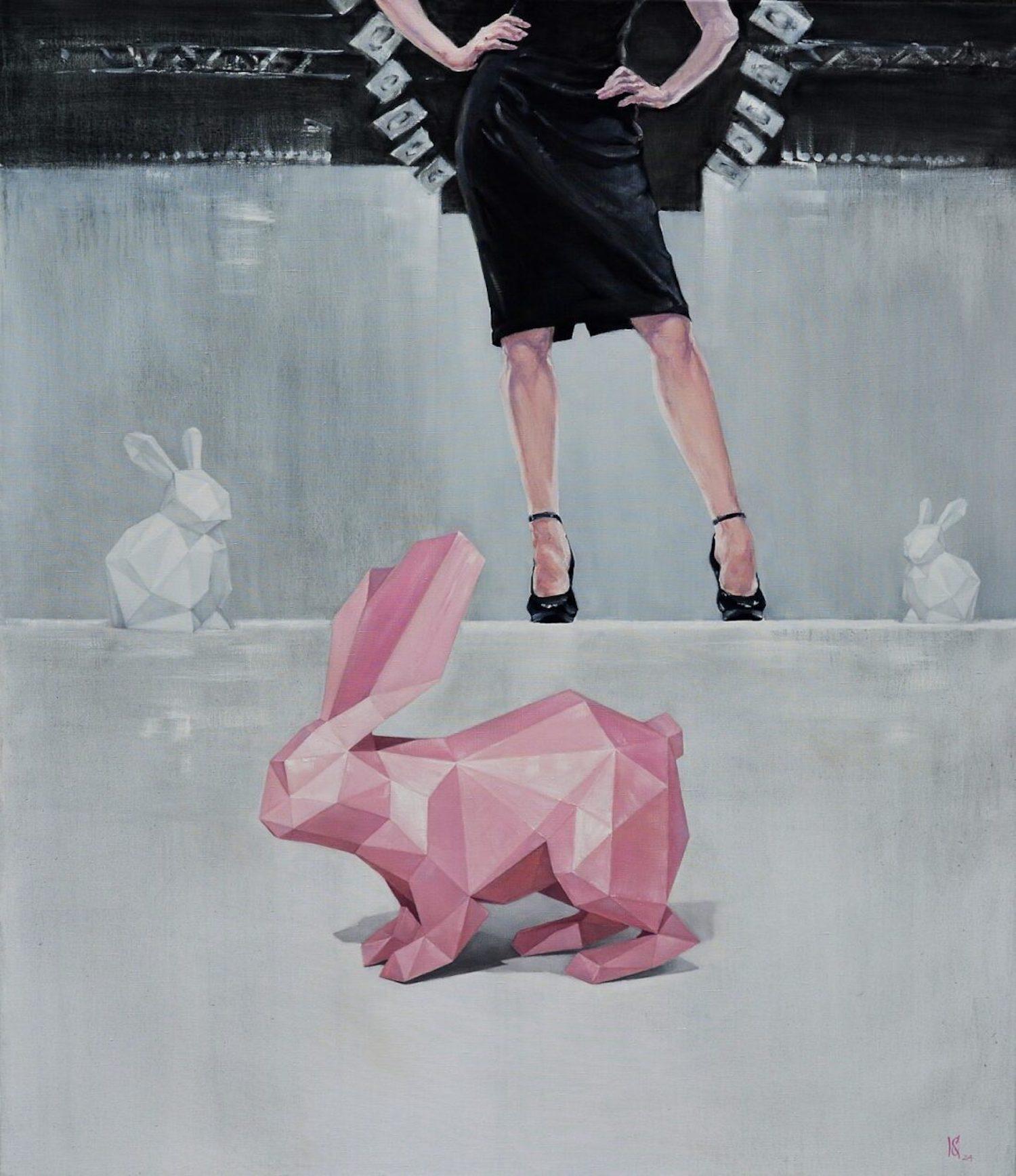 Pink Paper Rabbit Art contemporain Peinture à l'huile originale, prête à être accrochée