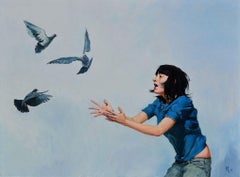 So scare a Dove Figurative Contemporary Art Original oil Painting, Ready to Hang