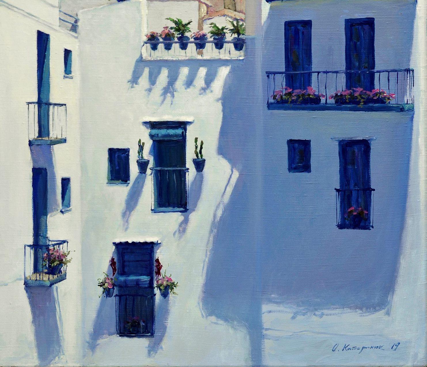 Sunny day in Peniscula, Cityscape, Original oil Painting, Ready to Hang - Gray Landscape Painting by Oleg Kateryniuk