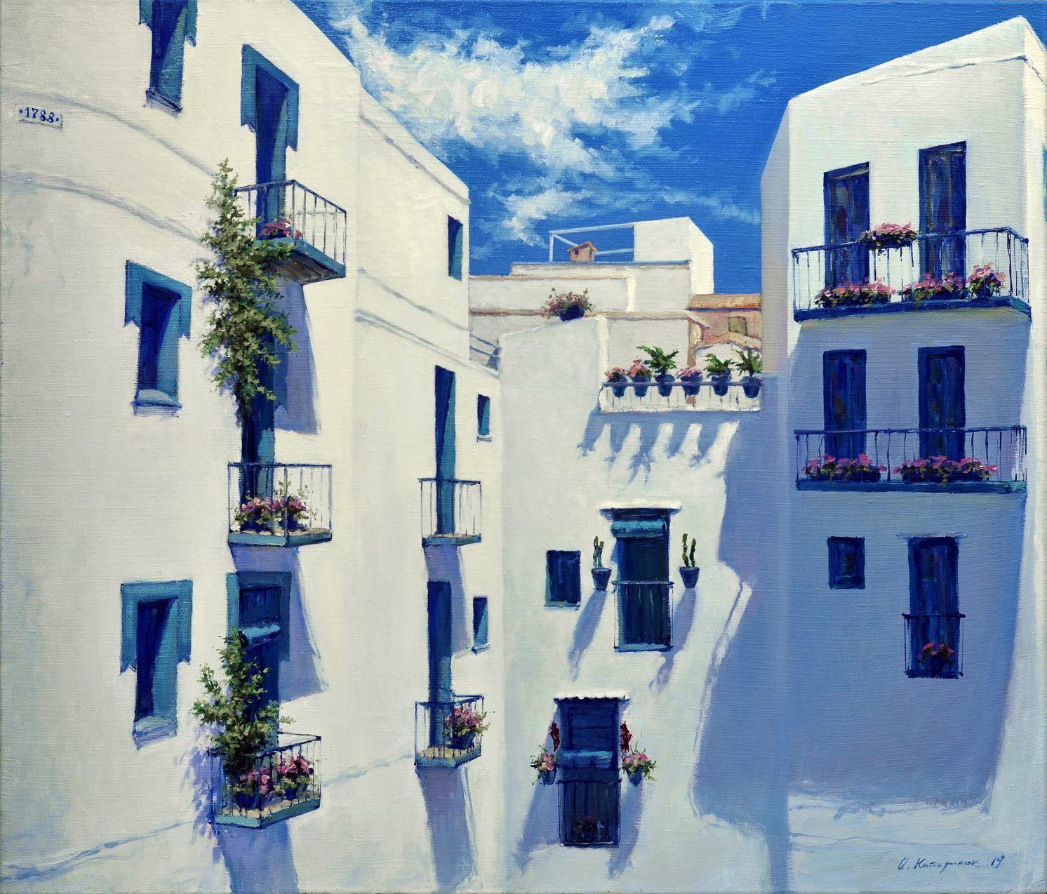 Oleg Kateryniuk Landscape Painting - Sunny day in Peniscula, Cityscape, Original oil Painting, Ready to Hang