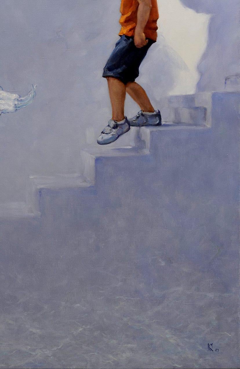 The Way to the Water, Figure Original oil Painting, Ready to Hang - Gray Figurative Painting by Oleg Kateryniuk