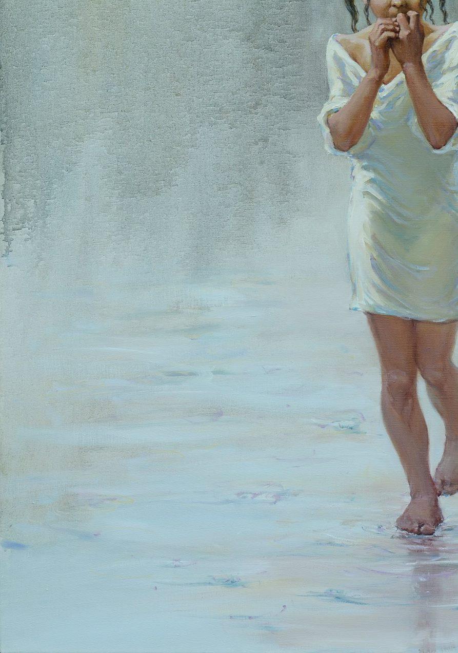 Wash away grief with rain, Figurative Original oil Painting, Ready to Hang For Sale 1