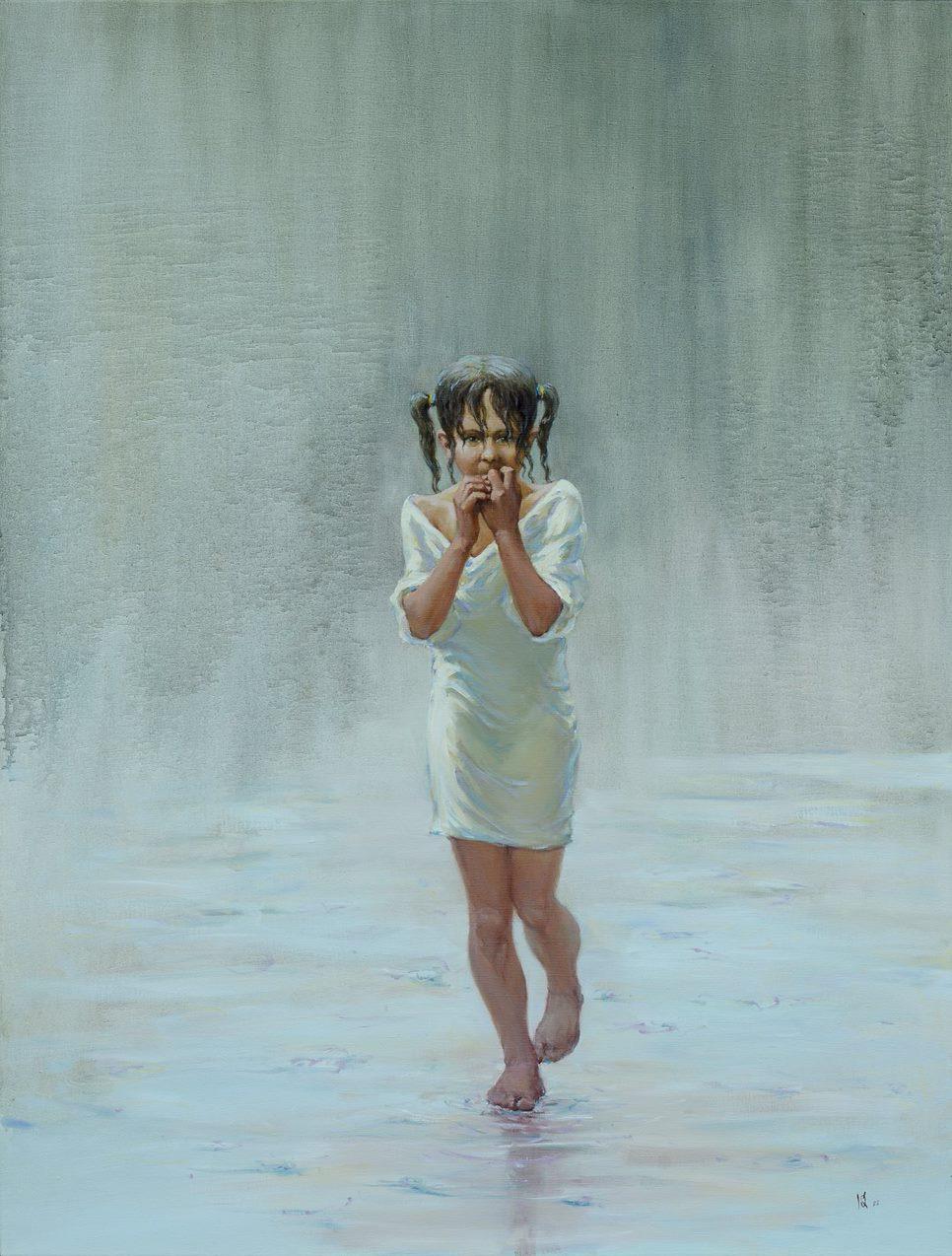 Figurative Painting de Oleg Kateryniuk - Lava la pena con lluvia, Figurativo Pintura al óleo original, Lista para colgar