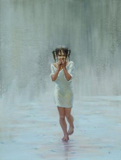 Wash away grief with rain, figurative peinture à l'huile originale, prête à être accrochée