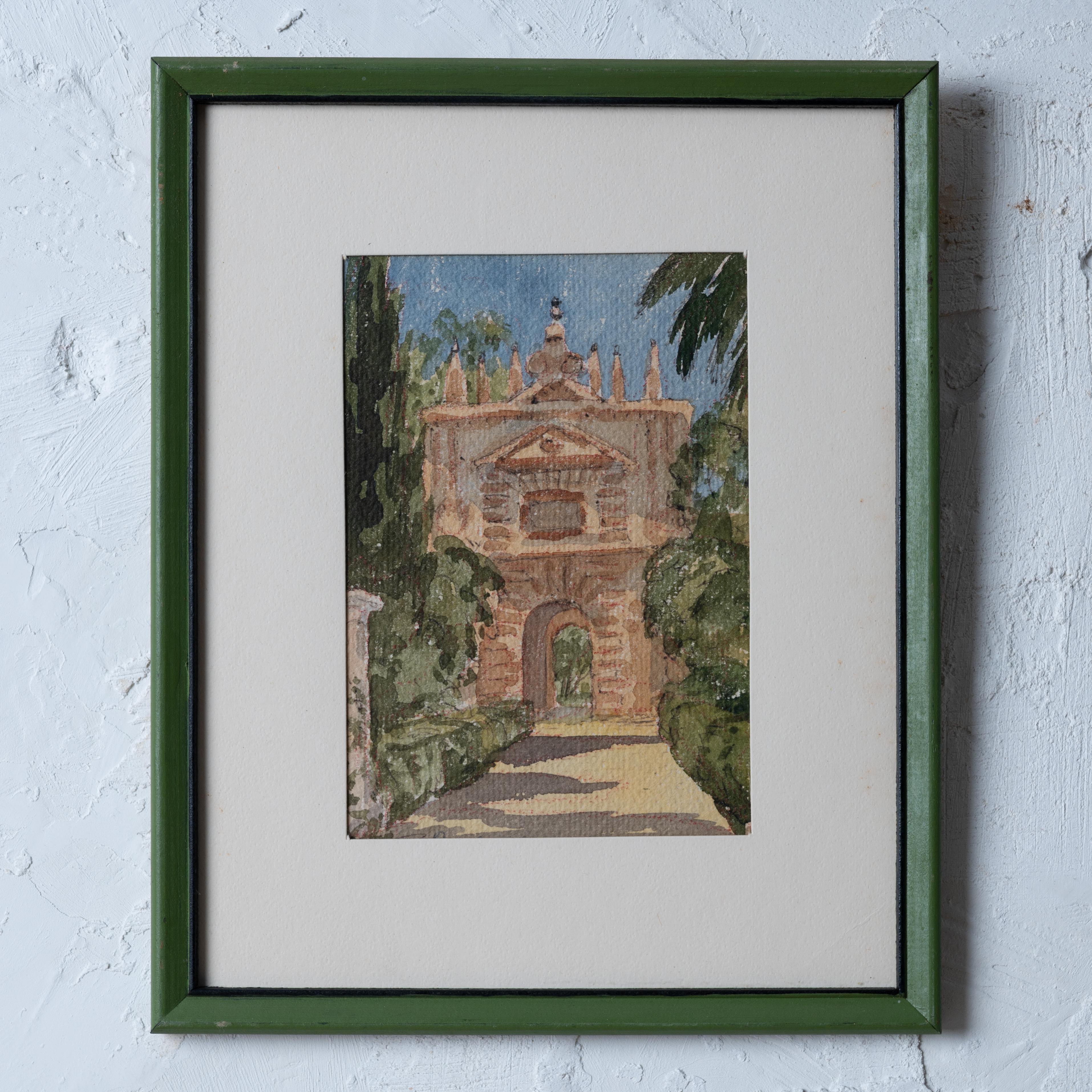 Oleg Pantuhoff (Oberst. John L. Bates)
(Amerikaner, 1910-1995)

Ein Aquarell auf Papier des Alcázar von Sevilla.
Oleg Pantuhoff, später John L. Bates, diente als Dolmetscher für Roosevelt und Eisenhauer.

Anblick: 4 ½ x 6 ½ Zoll
Rahmen: 8 ¾ mal 10 ¾