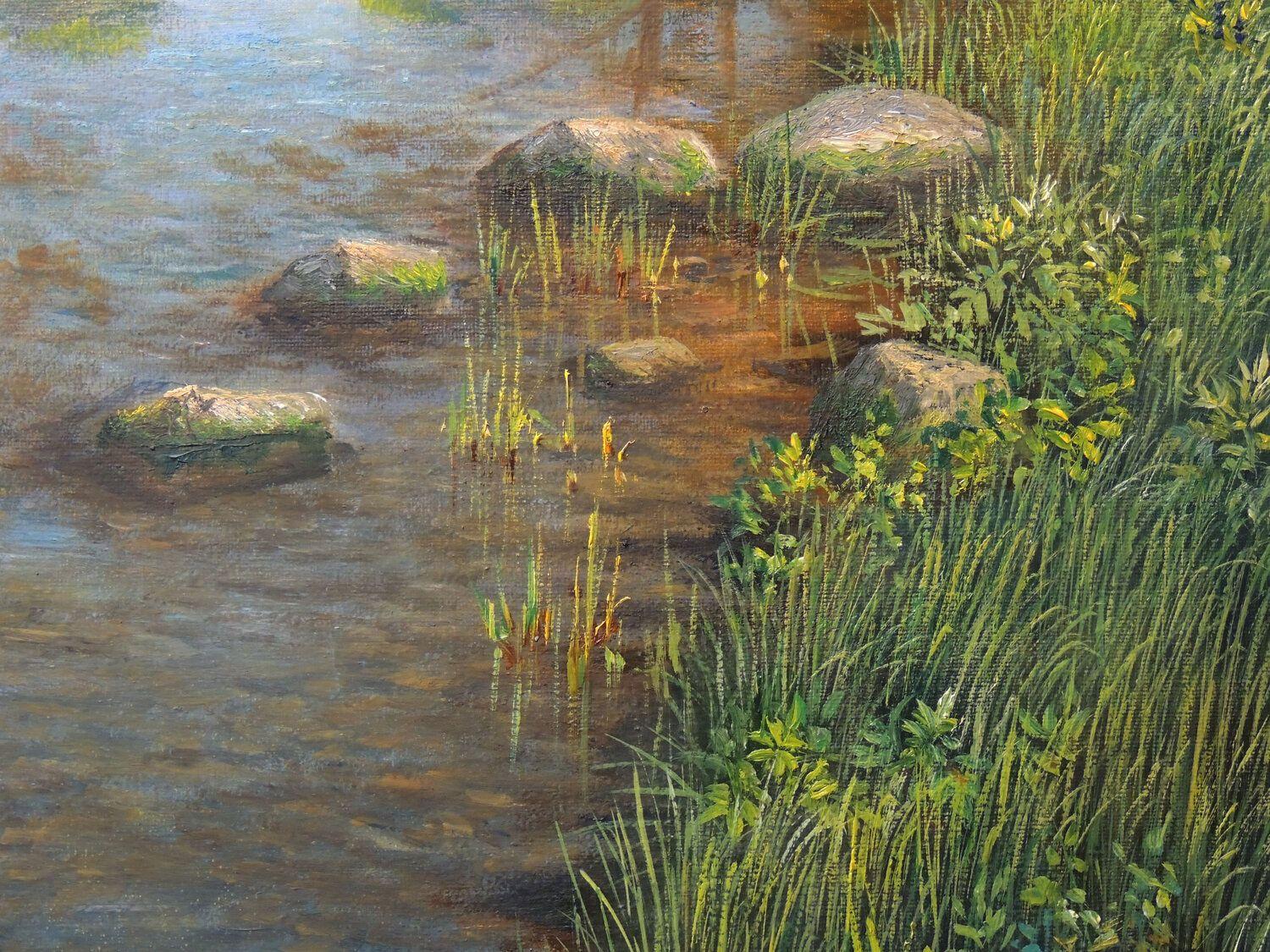 Peinture à l'huile réaliste d'arbres forestiers poussant au bord d'une petite rivière rocheuse au début de l'été  Taille 50 X 70 X 2 cm.  Année 2024  Prêt à être accroché, les côtés de la toile sont peints.  Un certificat d'authenticité est inclus.