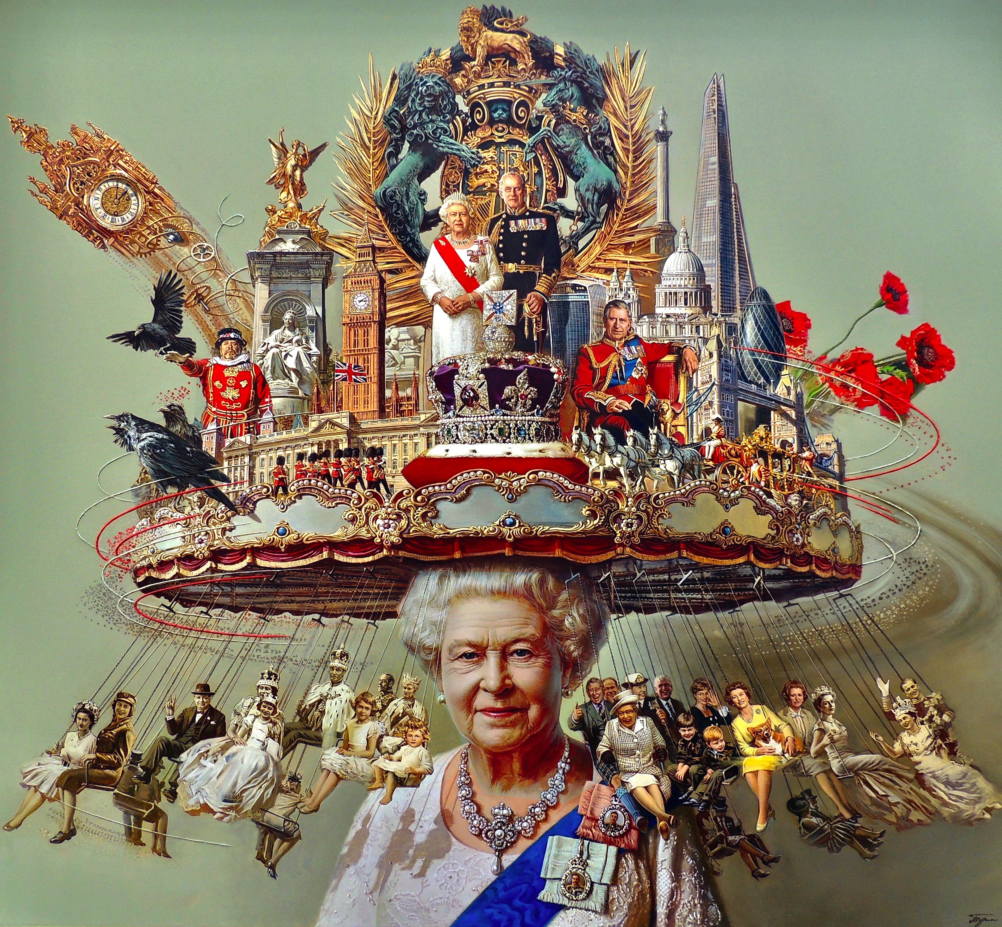 "Le chapeau d'Elizabeth" par Oleg Turchin est une huile sur toile originale de surréalisme figuratif mesurant 58x63 in. Cette peinture représente la vie de feu la Reine Elizabeth. La reine est magnifiquement représentée avec son collier de diamants