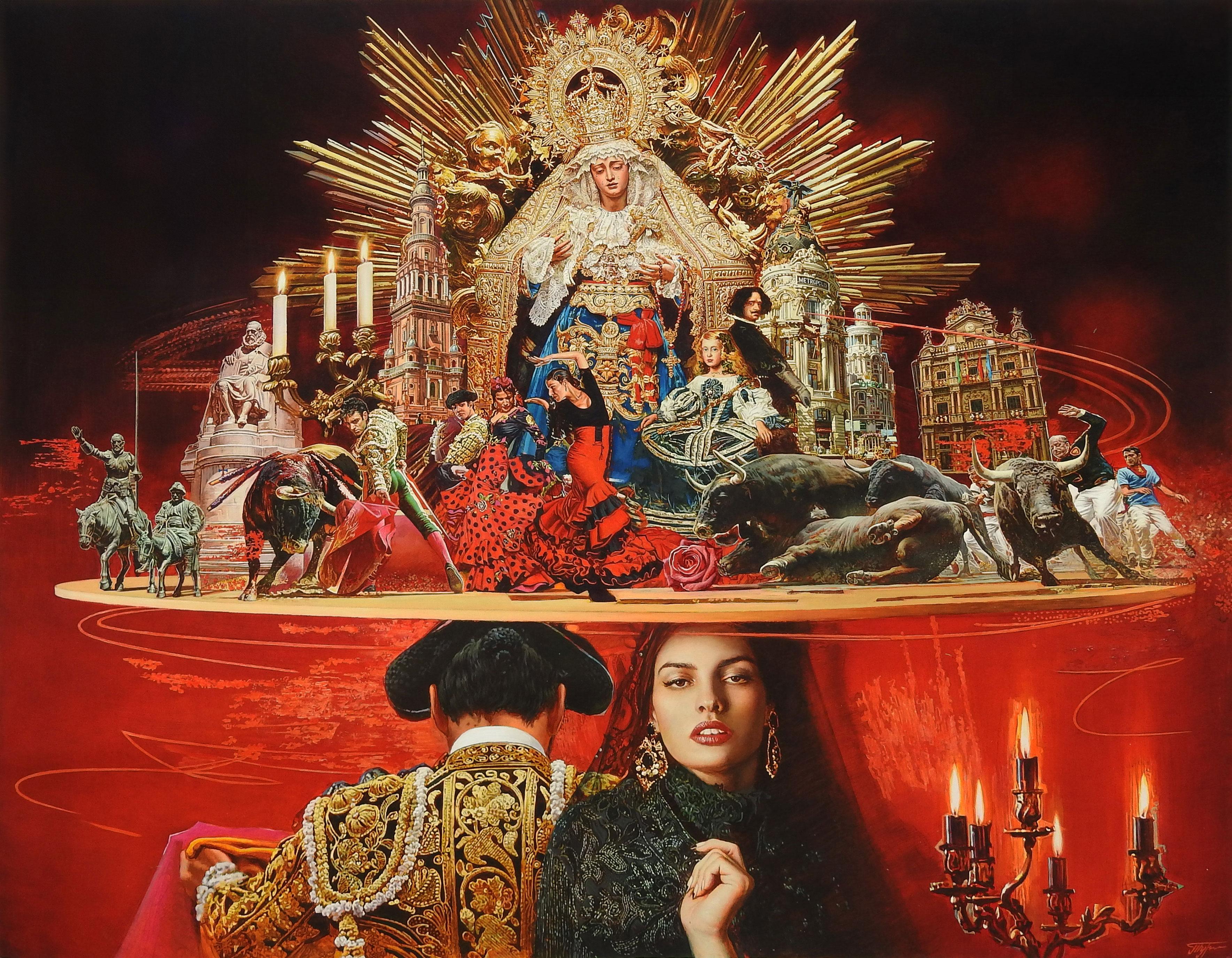 Esta llamativa pieza, la mayor de la renombrada serie de sombreros barrocos de Turchin, "España", es más que un cuadro: es un vibrante lienzo narrativo que encarna la esencia de la cultura española. La exquisita representación de la dama española y