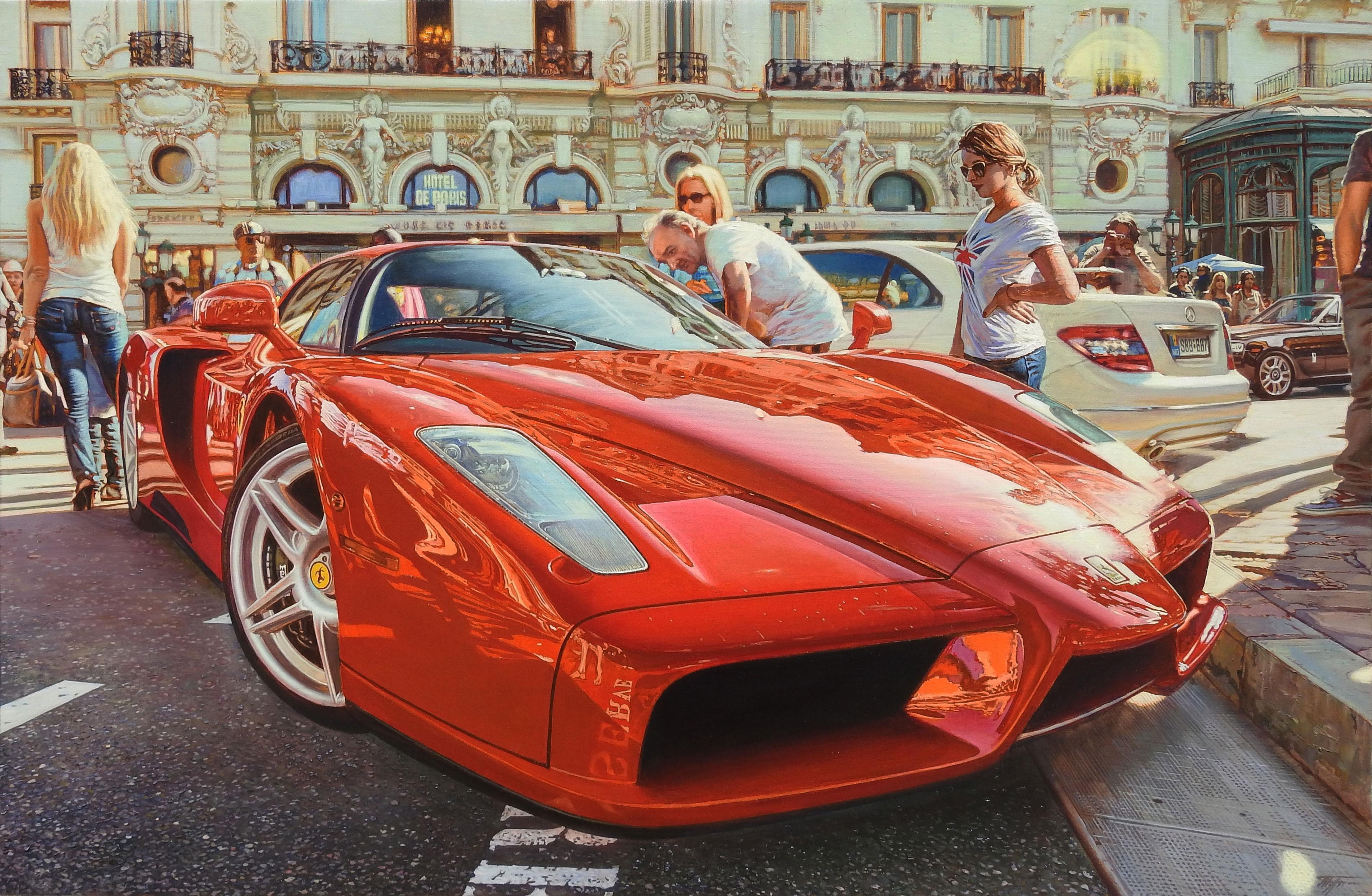 Oleg Turchins "Ferrari Enzo" ist ein Ölgemälde auf Leinwand mit den Maßen 36" x 54". 

Tauchen Sie ein in die Welt der italienischen Autokultur mit Oleg Turchins neuestem Meisterwerk, einem atemberaubenden Gemälde eines roten Ferrari Enzo bei einer