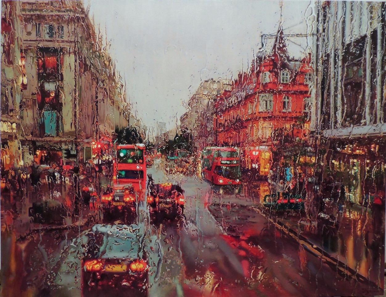 "Rainy London", Oleg Turchin, Oil on Canvas, 35x46, Photorealism Original Oil