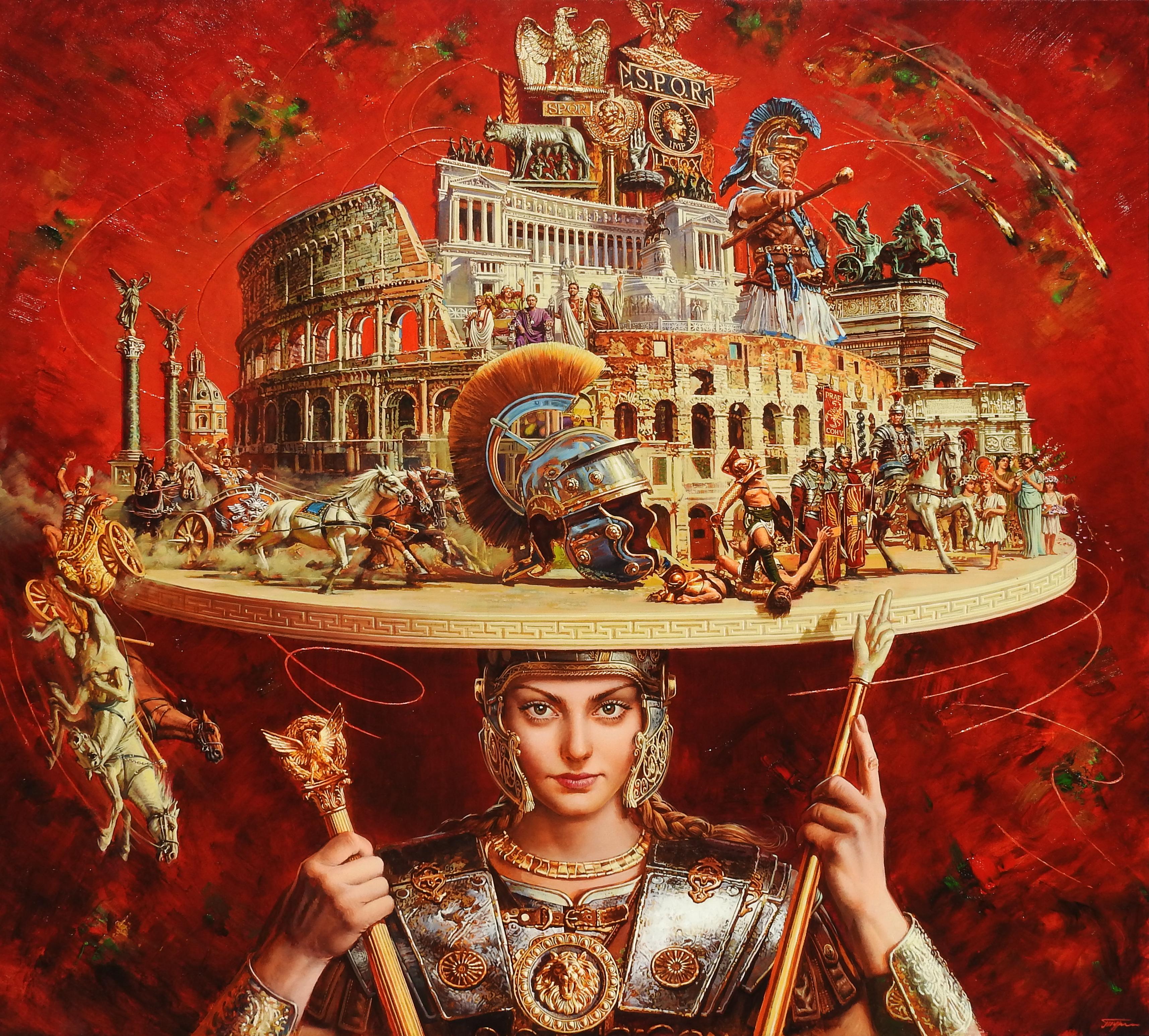 „Rome“, Oleg Turchin, Surrealismus, figurativ, 58x63 in, Barockhut-Serie, Öl