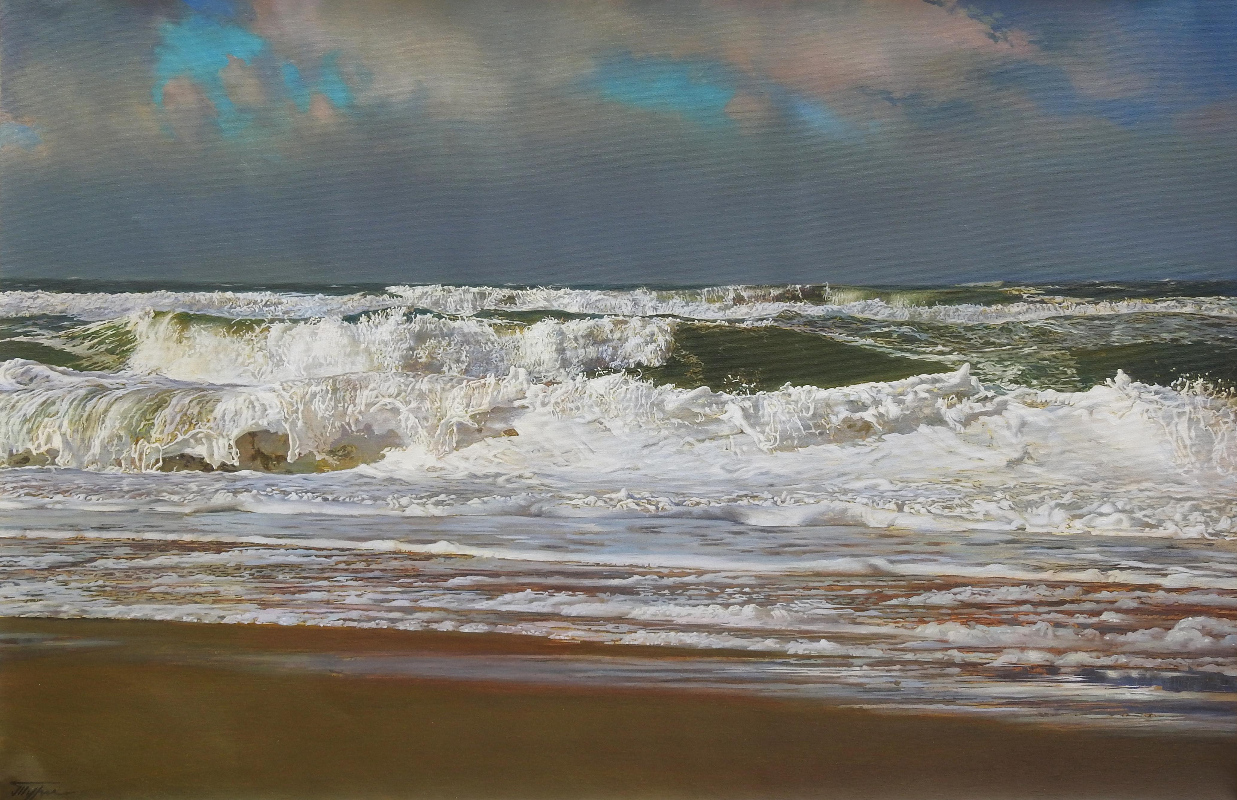 Oleg Turchin's "Sea" is an oil on canvas that measures 30" x 47". The painting is a beautiful photorealistic seascape of the blue and white ocean waves crashing in on a brown sandy beach on a stormy day. The artist's attention to detail,