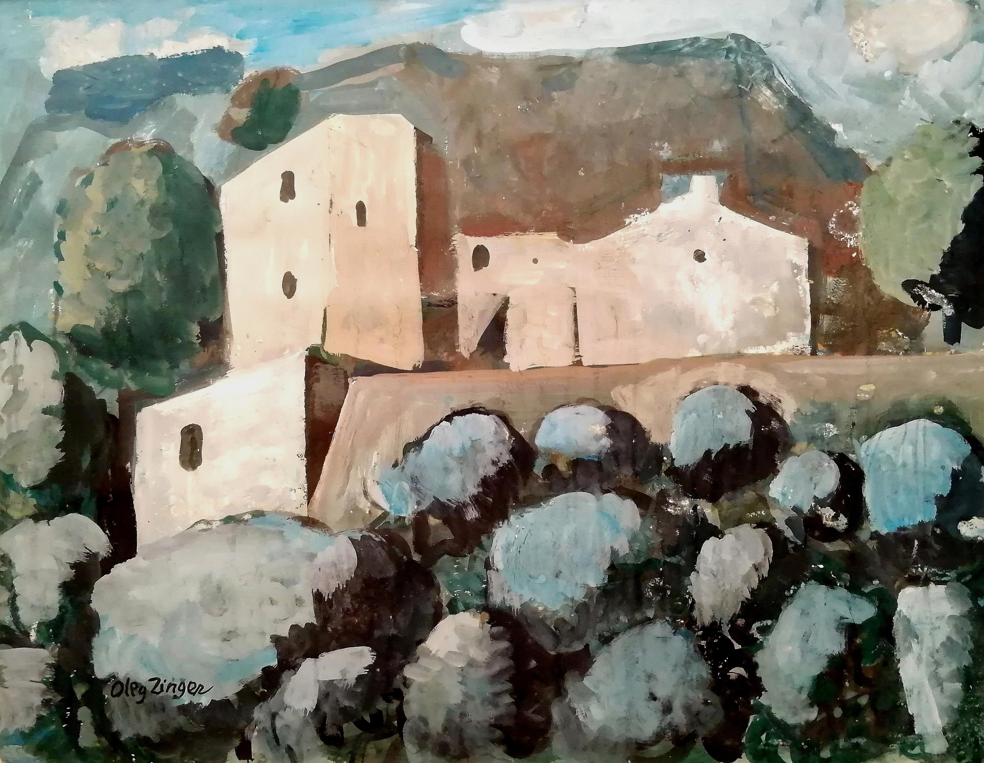 Paysage de Provence - Grande peinture  l'huile cubiste franaise du milieu du 20e sicle - Painting de Oleg Zinger