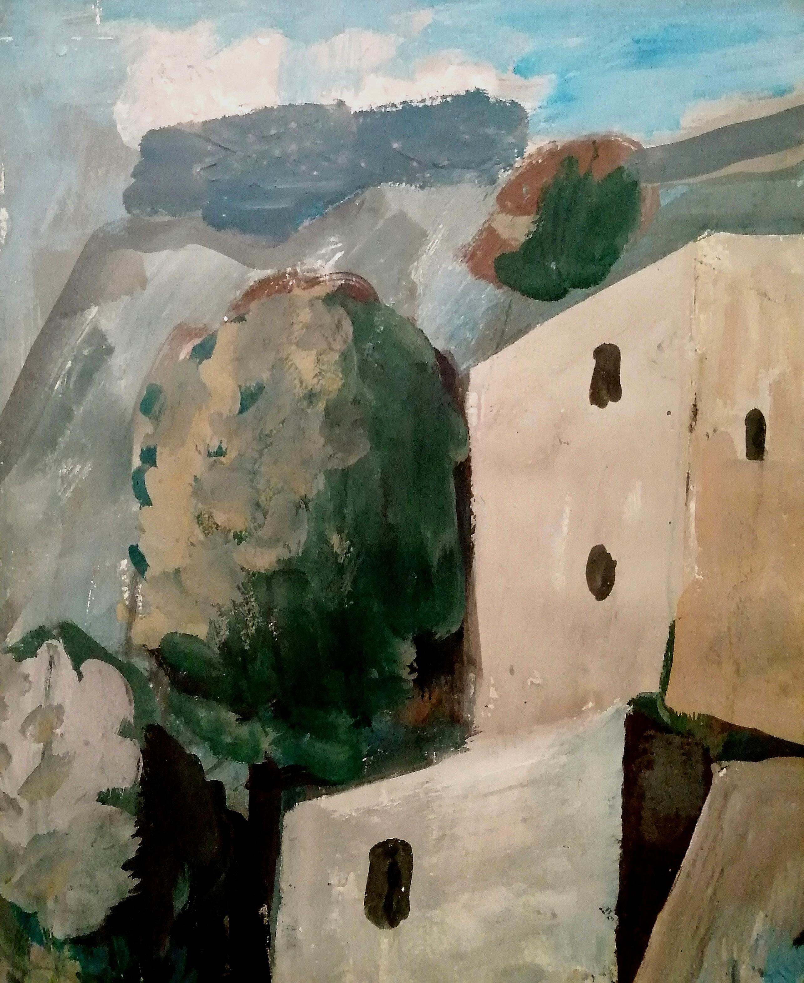 Un beau grand paysage français d'influence cubiste, datant de 1960, réalisé par Oleg Zinger à l'huile sur papier et sur carton. L'œuvre représente un paysage d'été avec des bâtiments blancs et des arbres verts - le lieu est certainement le sud de la
