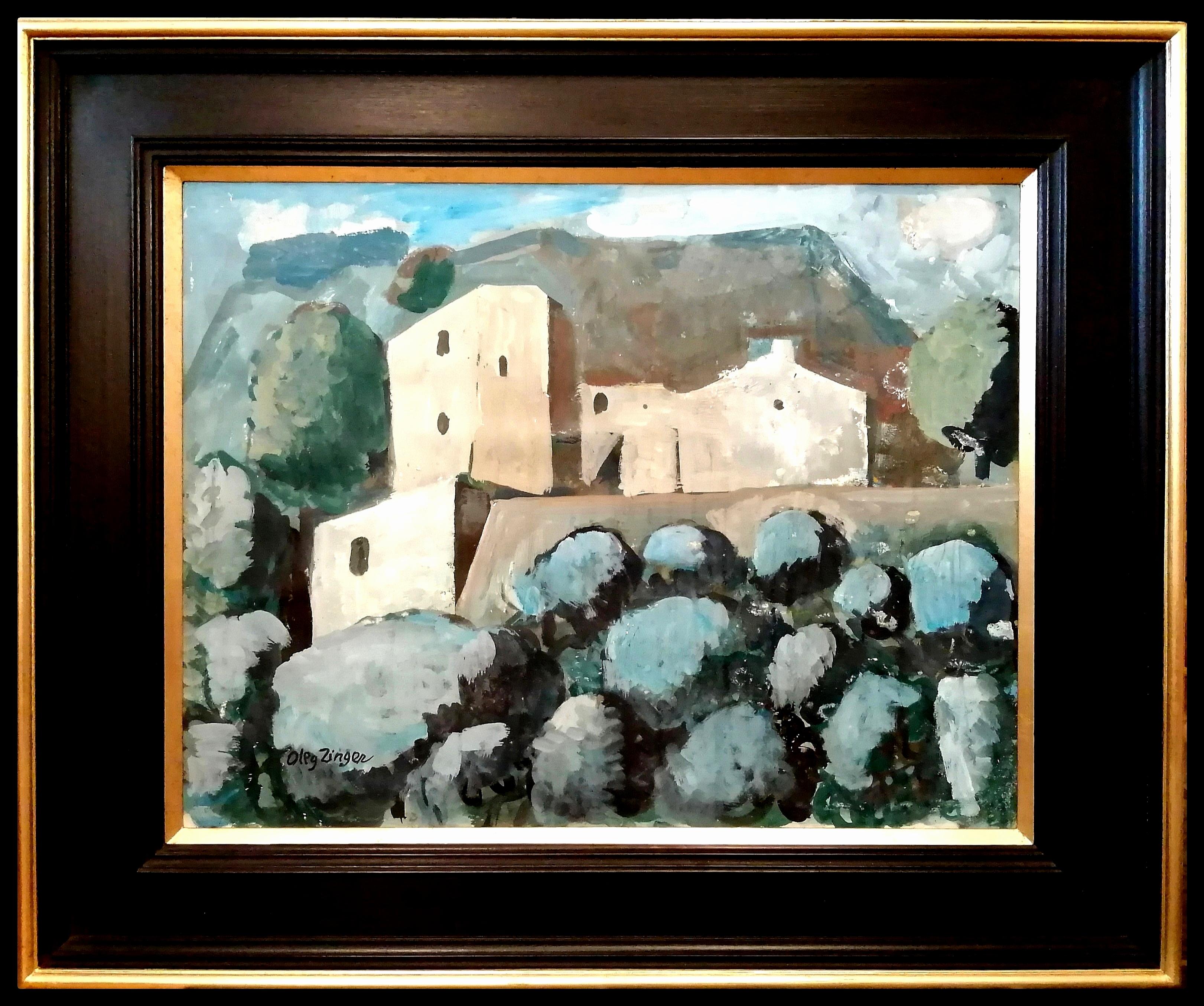 Landscape Painting Oleg Zinger - Paysage de Provence - Grande peinture  l'huile cubiste franaise du milieu du 20e sicle