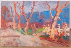 "Against the backdrop of mountains"