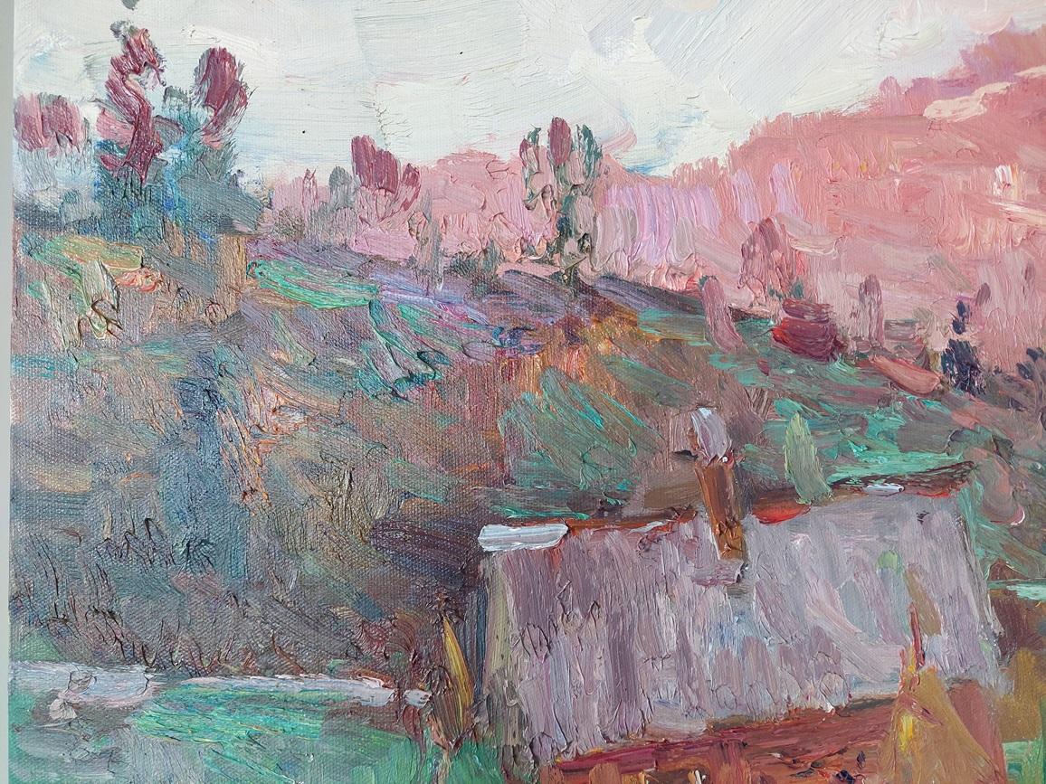 # “Houses in the Mountains” — Poetic Meditation in Color
## Oleksandr Khrapachov, 2015
Canvas, oil, 60×80 cm
---
In this enchanting work by Oleksandr Khrapachov, we see a true “symphony of the Carpathian Mountains” — a moment when nature reveals its