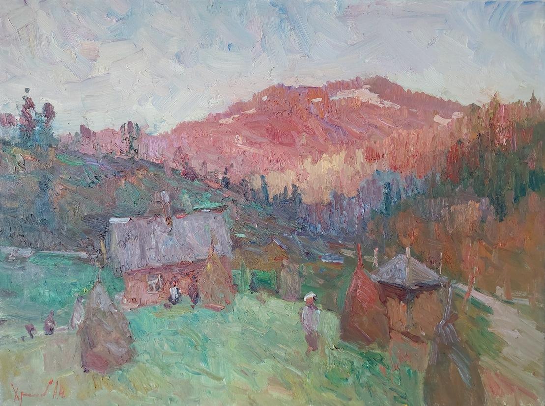  Oleksandr Khrapachov Landscape Painting - "Cottages in the mountains"