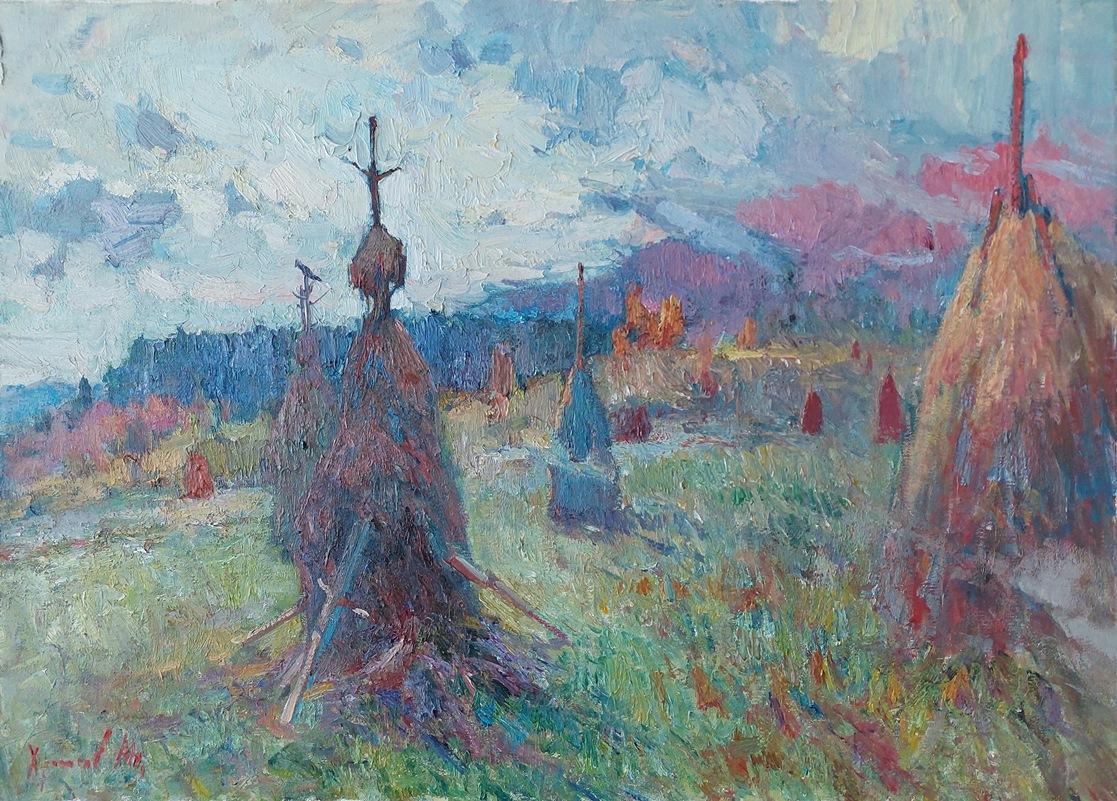  Oleksandr Khrapachov Landscape Painting - "Haycocks. Pylypets"