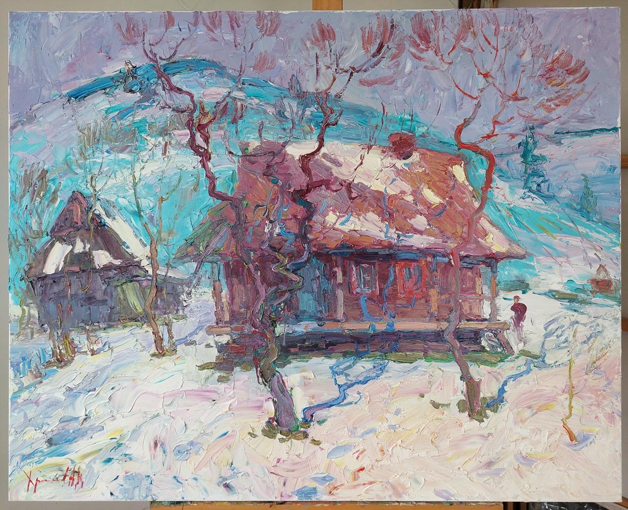 Huzulenhaus (Impressionismus), Painting, von  Oleksandr Khrapachov