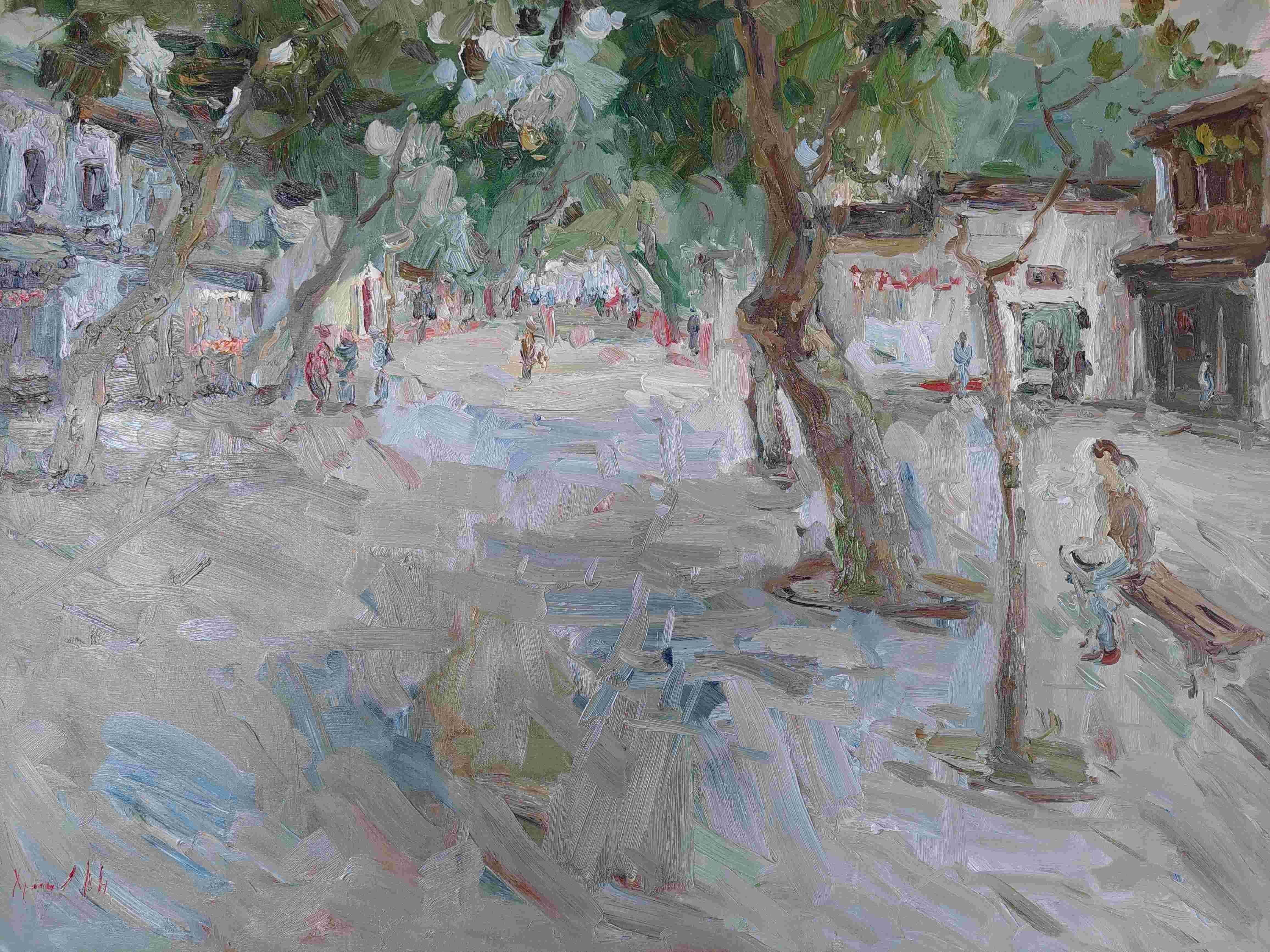 Street near the park of the modest Official._ Suzhou. PRC - Gray Landscape Painting by  Oleksandr Khrapachov