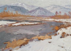 Thawed Patches. Spring, Impressionist Landscape Painting, Oil on Canvas