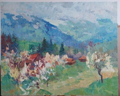 «Los jardines están en flor», pintura paisajística impresionista, óleo sobre lienzo