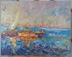 The Scorching Sun. Boats, Impressionist Landscape Painting, Oil on Canvas