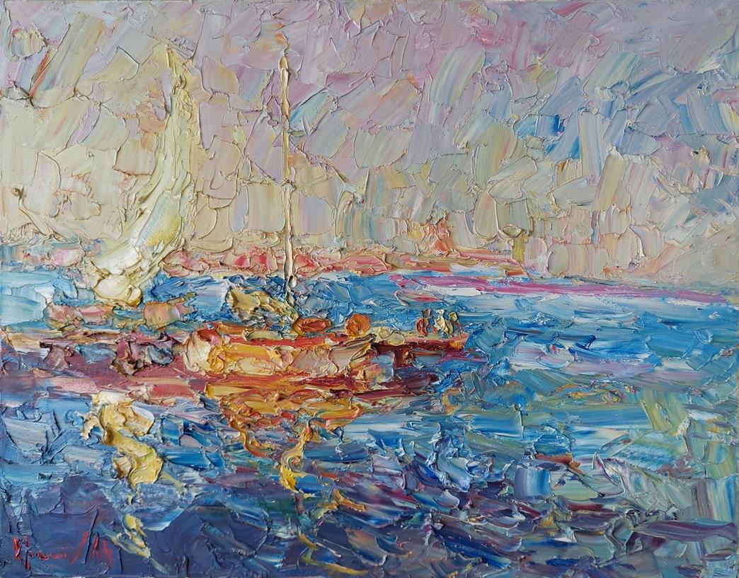  Oleksandr Khrapachov Landscape Painting – "Die brennende Sonne. Boote"