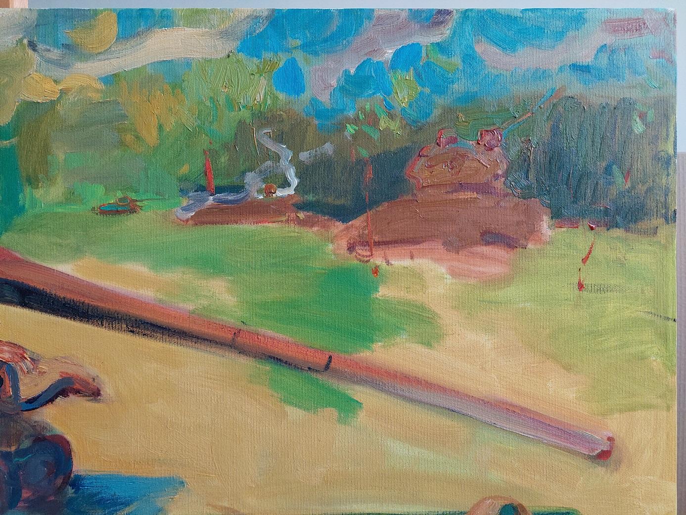 ‘Here we are. Dmytrivka’ is a historically significant painting by Oleksandr Khrapachov that documents one of the key moments of the defence of Kyiv in 2022. The 70x100 cm painting was created directly on the scene in the village of Dmytrivka, Kyiv