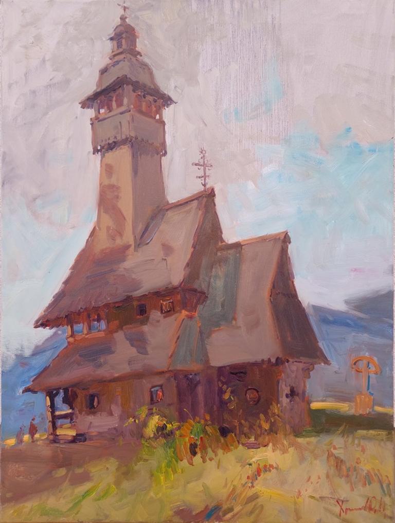  Oleksandr Khrapachov Landscape Painting – "To the Church's"