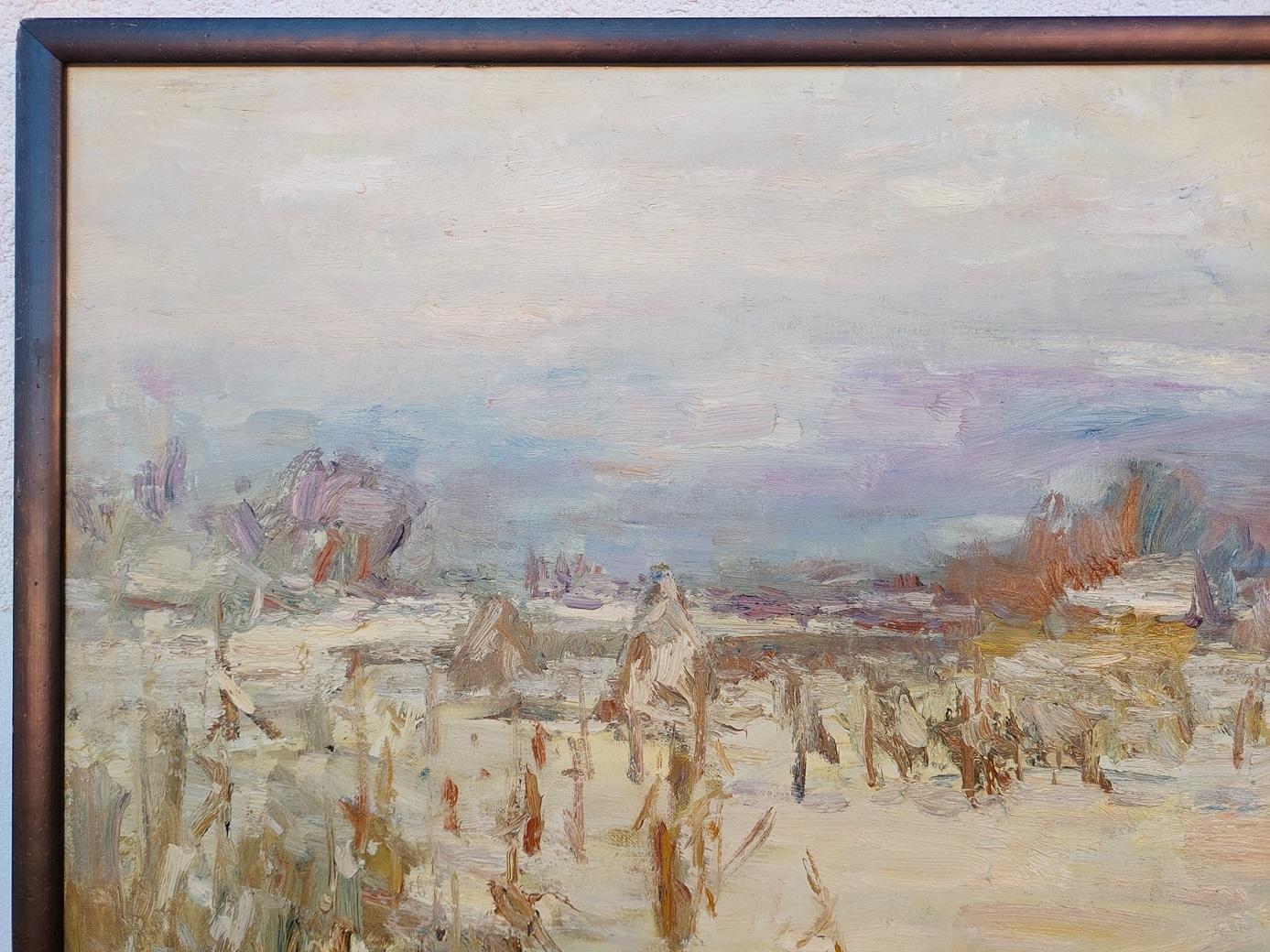 « Jardins verdoyants en hiver - Gris Landscape Painting par  Oleksandr Khrapachov
