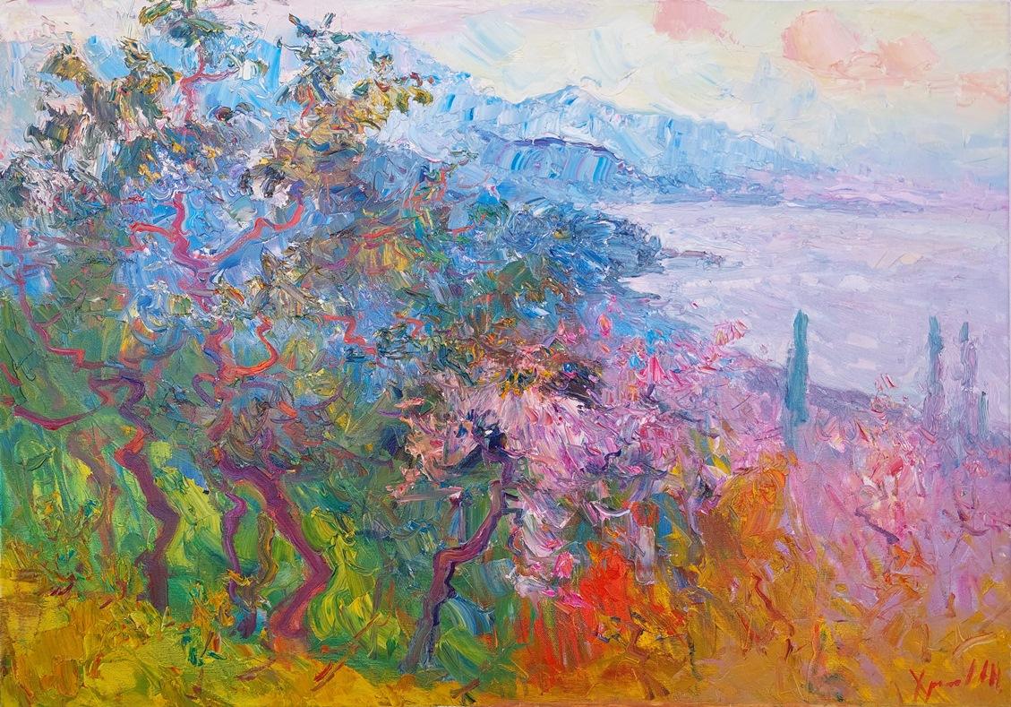 Landscape Painting de  Oleksandr Khrapachov - "Vista desde el jardín botánico de Batumi. Georgia"