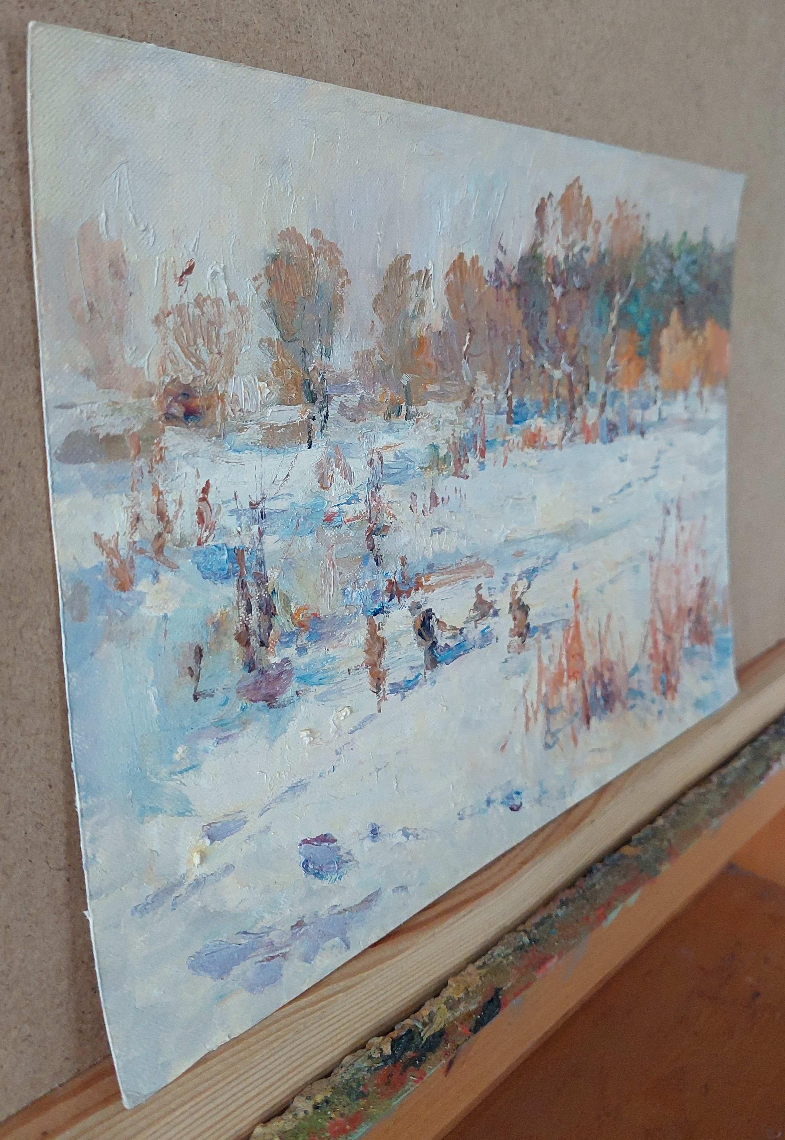 Winter. Lake. _ - Gray Landscape Painting by  Oleksandr Khrapachov